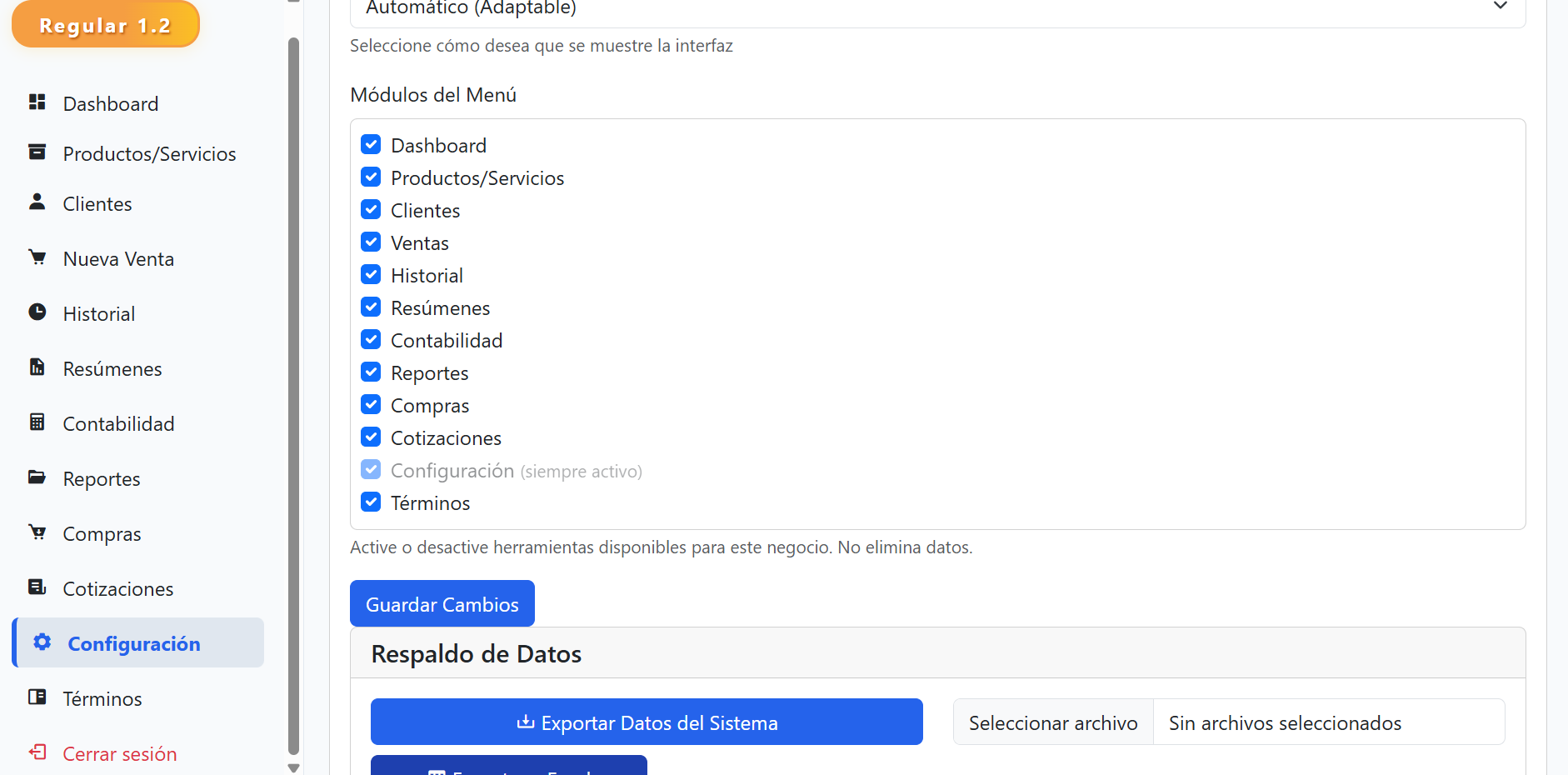Vendix — Panel principal